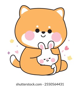 Lindo shiba inu perro muñeca abrazo conejo pequeño conejo conejo con el corazón y la estrella. Roedor y japonés mascota animal personaje de dibujos animados design.Imagen para la etiqueta engomada, ropa de bebé, stationary.Kawaii.Vector.Illustration.