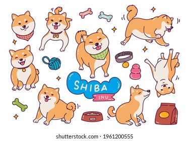 Cute Shiba inu dog in doodle style vector illustration