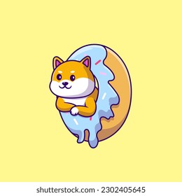  Cute Shiba Inu Dog In Doughnut Cartoon Vector Icons Illustration. Flat Cartoon Concept. Suitable for any creative project.
