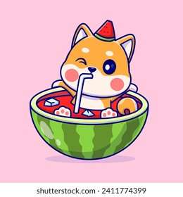 Cute Shiba Inu Dog Drink Watermelon Juice Cartoon Vector 
Icon Illustration. Animal Fruit Icon Concept Isolated Premium
Vector. Flat Cartoon Style