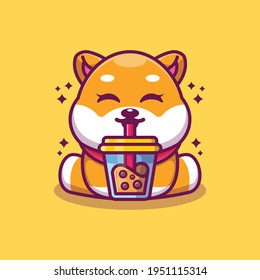 Cute shiba inu dog drinking boba milk tea cartoon