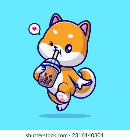 Cute Shiba Inu Dog Drinking Boba Milk Tea Cartoon Vector Icon Illustration. Animal Drink Icon Concept Isolated Premium Vector. Flat Cartoon Style