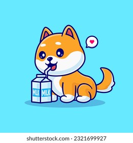 Cute Shiba Inu Dog Drinking Milk Cartoon Vector Icon Illustration. Animal Drink Icon Concept Isolated Premium Vector. Flat Cartoon Style