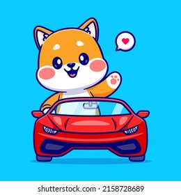 Cute Shiba Inu Dog Driving Car Cartoon Vector Icon Illustration. Animal Transportation Icon Concept Isolated Premium Vector. Flat Cartoon Style