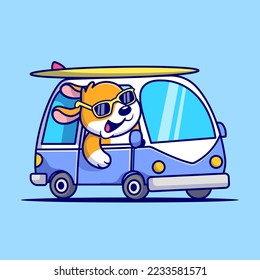 Cute Shiba Inu Dog Driving Car Cartoon Vector Icon Illustration. Animal Holiday Icon Concept Isolated Premium Vector. Flat Cartoon Style