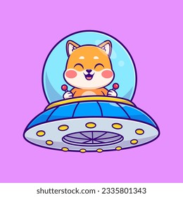 Cute Shiba Inu Dog Driving Ufo Spaceship Cartoon Vector Icon Illustration. Animal Technology Icon Concept Isolated Premium Vector. Flat Cartoon Style