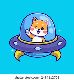 Nette Shiba Inu Hund Fahren UFO Raumschiff Cartoon Vektorgrafik Icon Illustration. Animal Technologie Icon Concept Isolated Premium Vektorgrafik. Flacher Zeichentrickstil