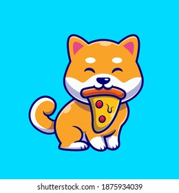 Cute Shiba Inu Dog Eating Pizza Cartoon Vector Icon Illustration. Animal Food Icon Concept Isolated Premium Vector. Flat Cartoon Style