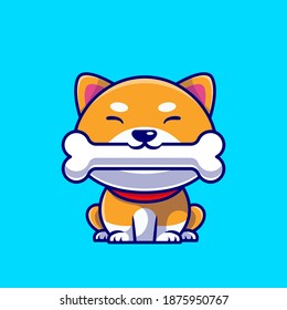 Cute Shiba Inu Dog Eating Bone Cartoon Vector Icon Illustration. Animal Nature Icon Concept Isolated Premium Vector. Flat Cartoon Style