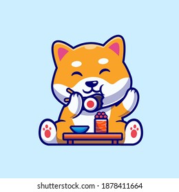 Cute Shiba Inu Hund essen Sushi Cartoon Vektorsymbol Illustration. Tierisches Lebensmittelsymbol Konzept isolierter Premium-Vektorgrafik. Flachbildkartonstil