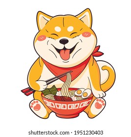 Cute shiba inu dog eating ramen, dog face cartoon, vector illustration