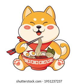 Cute shiba inu dog eating ramen, dog face cartoon, vector illustration