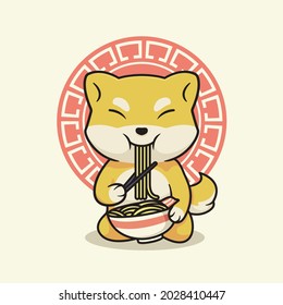 Cute shiba inu dog eating ramen