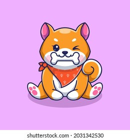 Cute shiba inu dog eating bone cartoon