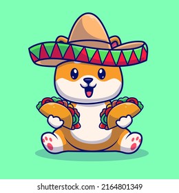 Cute Shiba Inu Hund essen Tacos mit Sombreno Hut Cartoon Vektorsymbol Illustration. Tierisches Lebensmittelsymbol Konzept isolierter Premium-Vektorgrafik. Flachbildkartonstil