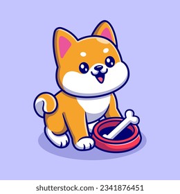 Cute Shiba Inu Dog Eating Bone Cartoon Vector Icon Illustration. Animal Food Icon Concept Isolated Premium Vector. Flat Cartoon Style