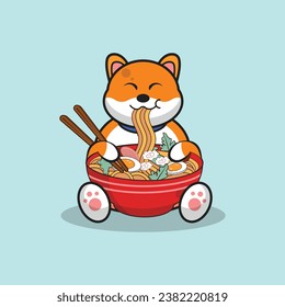 Cute Shiba inu dog eating ramen cartoon vector flat illustration