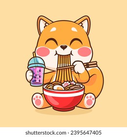 Cute Shiba Inu Dog Eating Ramen Noodle With Drink Boba
Milk Tea Cartoon Vector Icon Illustration. Animal Food Icon
Concept Isolated Premium Vector. Flat Cartoon Style
