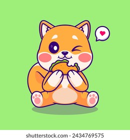 Cute Shiba Inu Dog Eating Taco Cartoon Vector Icon Illustration. Animal Food Icon Concept Isolated Premium Vector. Flat Cartoon Style