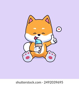 Lindo shiba inu perro comiendo helado icono de Vector. Ilustración del logotipo de mascota del concepto animal alimenticio