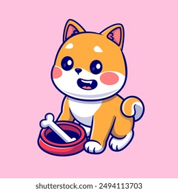 Lindo Shiba Inu Perro Comiendo Hueso Dibujos Animados Ilustración Icono Vector. Concepto de ícono de comida animal Vector Premium aislado. Estilo plano de dibujos animados