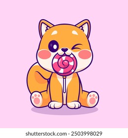 Nette Shiba Inu Hund essen Lollipop Candy Cartoon Vektor Symbol Illustration. Animal Food Icon Concept Isolated Premium Vector. Flacher Cartoon-Stil