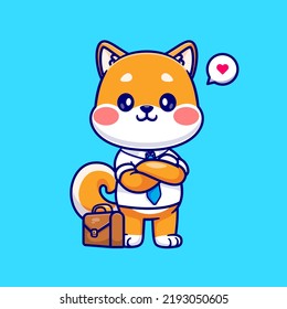 Cute Shiba Inu Dog Employee With Suitcase Cartoon Vector Icon Illustration. Animal Business Icon Concept Isolated Premium Vector. Flat Cartoon Style