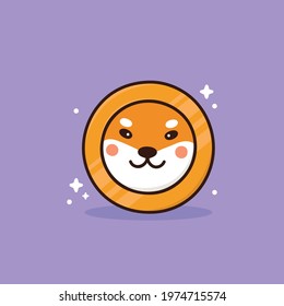 Cute Shiba inu dog face on a coin. Dogecoin cryptocurrency icon. Digital currency. Kawaii cartoon character. Vector image isolated on purple background.