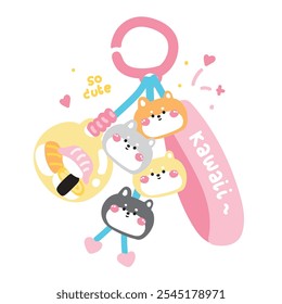 Cute shiba inu dog face head keychain bag with sushi bead.Kawaii mean cute in japanese.Pet animal cartoon.Image for card,sticker,decoration item.Kawaii.Vector.Illustration.