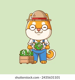 Cute shiba inu dog farmers harvest fruit and vegetables cartoon animal character mascot icon flat style illustration concept set