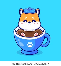 Cute Shiba Inu Dog Fever In Coffee Cartoon Vector Icon Illustration. Animal Drink Icon Concept Isolated Premium Vector. Flat Cartoon Style