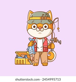 Lindo shiba inu perro pescador animal de pesca chibi personaje mascota icono línea plana arte estilo ilustración concepto conjunto de dibujos animados