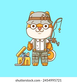 Lindo shiba inu perro pescador animal de pesca chibi personaje mascota icono línea plana arte estilo ilustración concepto conjunto de dibujos animados