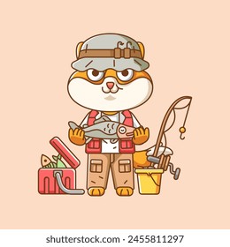 Lindo shiba inu perro pescador animal de pesca chibi personaje mascota icono línea plana arte estilo ilustración concepto conjunto de dibujos animados