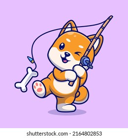 Cute Shiba Inu Dog Fishing Bone Cartoon Vector Icon Illustration. Animal Nature Icon Concept Isolated Premium Vector. Flat Cartoon Style