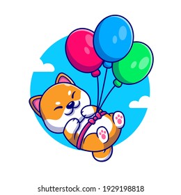 Perro Cute Shiba Inu Flotando Con Ilustración Del Vector De Caricaturas De Globo. Concepto de icono de la naturaleza animal Vector Premium aislado. Estilo de dibujo plano