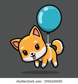 Cute shiba inu dog floating with balloon isolated on black background.