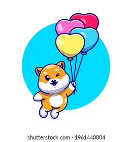 Cute shiba inu dog floating with balloon cartoon