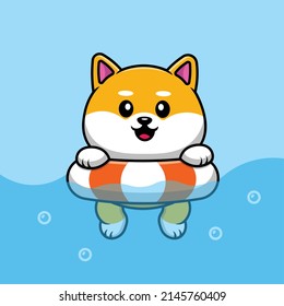 Cute Shiba Inu Hund schwimmen mit schwimmenden Reifen auf See Cartoon Vektorsymbol Illustration. Tiernatur-Symbol Konzept isolierter Premium-Vektorgrafik.