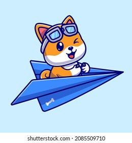 Cute Shiba Inu Dog Flying With Paper Plane Cartoon Vector Icon Illustration. Animal Transportation Icon Concept Isolated Premium Vector. Flat Cartoon Style