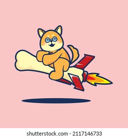Cute Shiba inu dog flying in rocket bone cartoon flat minimalism vector illustration
