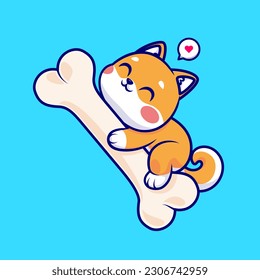 Cute Shiba Inu Dog Flying With Bone Cartoon Vector Icon Illustration. Animal Nature Icon Concept Isolated Premium Vector. Flat Cartoon Style