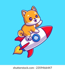 Cute Shiba Inu Dog Flying With Rocket Cartoon Vector Icon Illustration. Animal Technology Icon Concept Isolated Premium Vector. Flat Cartoon Style