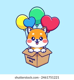 Perro Lindo Shiba Inu Volando Con La Caja Y El Amor Globos De Dibujos Animados Ilustración Del Vector. Animal Festiva Icon Concept Aislado Premium Vector. Estilo plano de dibujos animados