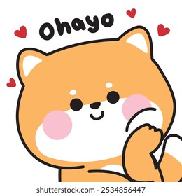 Lindo shiba inu perro barbilla de pie con texto. Ohayo significa buenos días en japonés. Saludo. Diseño de dibujos animados de personajes de animales de compañía japonesa. Imagen para tarjeta, libro de tapa, papelería, pantalla de impresión, producto para bebés.