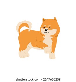 Cute shiba inu dog. Funny japanese smiling animal. Hand drawn colored vector illustration isolated on white background. Modern flat cartoon style.