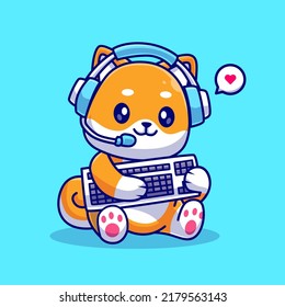 Cute Shiba Inu Dog Gamer Holding Keyboard With Headphone Cartoon Vector Icon Illustration. Animal Technology, Icon Concept Isolated Premium Vector. Flat Cartoon Style