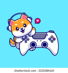 Cute Shiba Inu Jugador De Perro Sostengo Joystick Con Ilustración Del Icono Del Vector De Caricatura De Auriculares. Vector Premium Aislado De Icono De Tecnología Animal. Estilo de dibujo plano