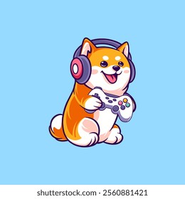 Cute Shiba Inu Dog Gamer Holding Joystick Cartoon