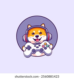 Cute Shiba Inu Dog Gamer Holding Joystick Cartoon